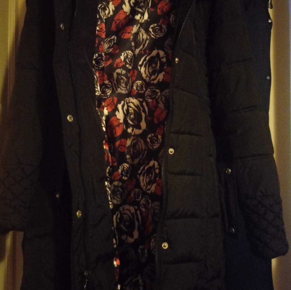 Betsy Johnson black coat with hood and belt. Very warm, cute.